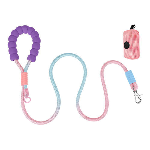 Dog leash for dogs, featuring purple foam handle and pink-blue gradient climbing rope with poop bag dispenser, ideal for stylish and comfortable daily walks