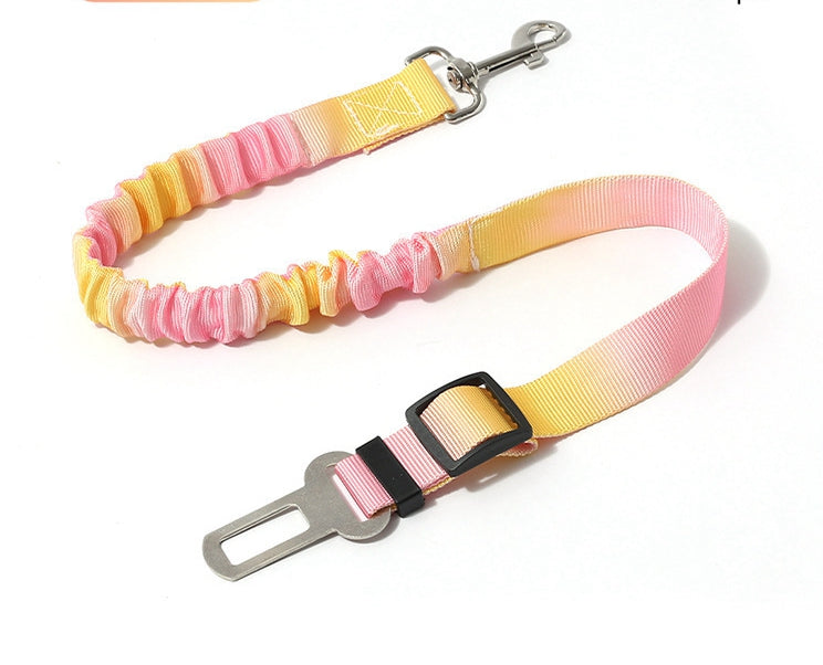 Car safety leash for dogs, featuring gradient pink-yellow bungee cord and adjustable length strap, ideal for anti-escape car restraint