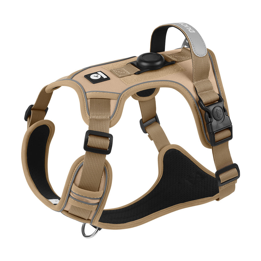 Brown AirTag-compatible dog harness with a built-in AirTag holder and reflective strips for outdoor walks