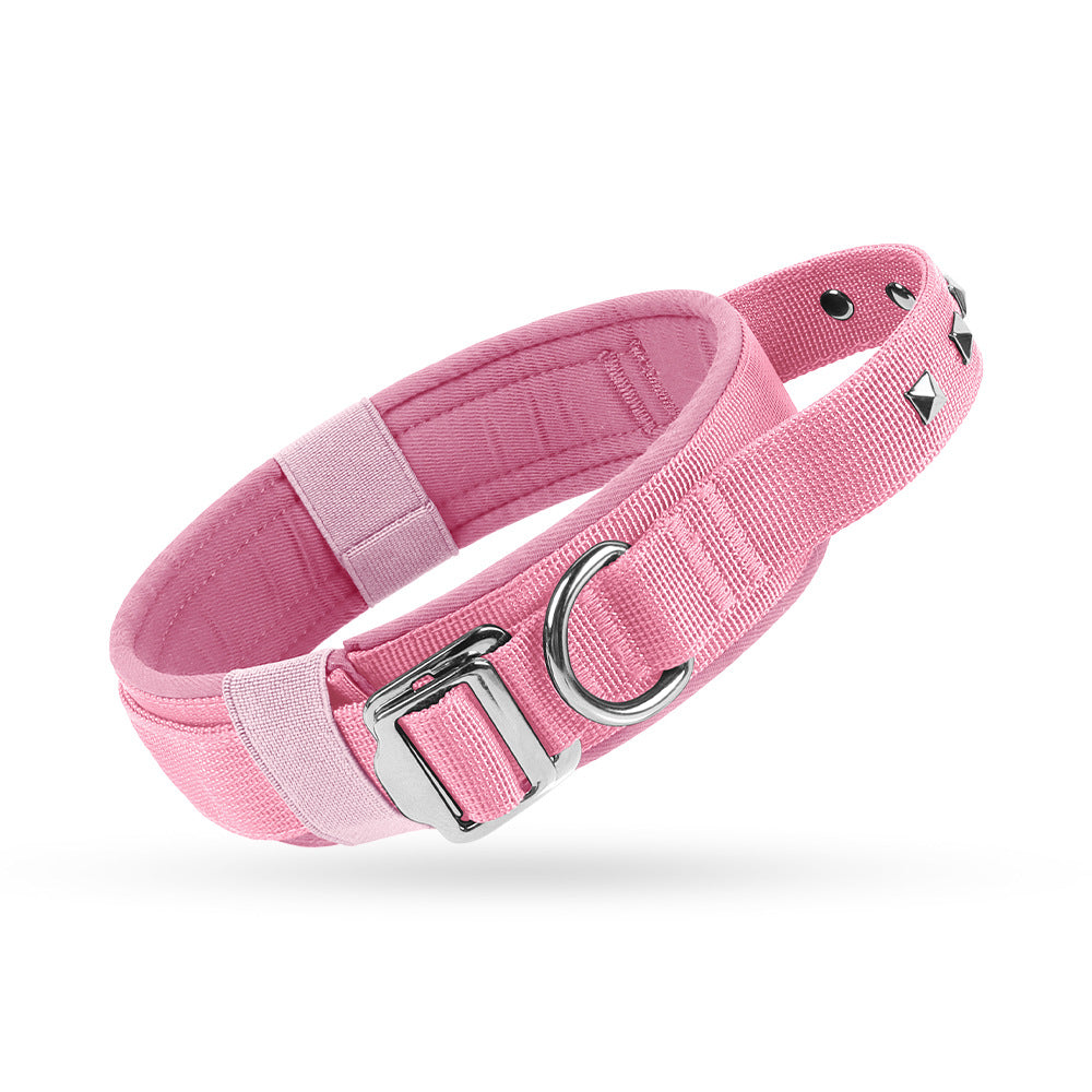 Tactical dog collar for large dogs, featuring pink with metal stud accents and D-ring, ideal for strong female dogs and stylish training