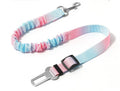 Car safety leash for dogs, featuring gradient pink-blue bungee cord and universal seatbelt buckle, ideal for anti-escape car travel