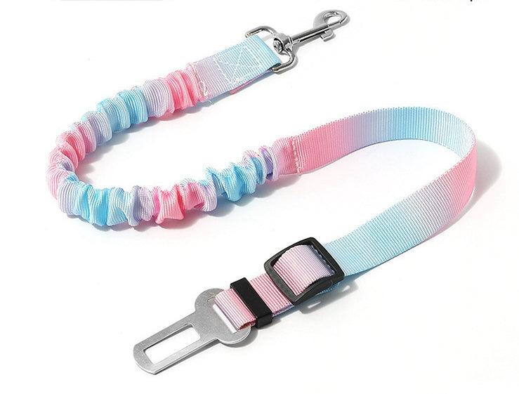 Car safety leash for dogs, featuring gradient pink-blue bungee cord and universal seatbelt buckle, ideal for anti-escape car travel