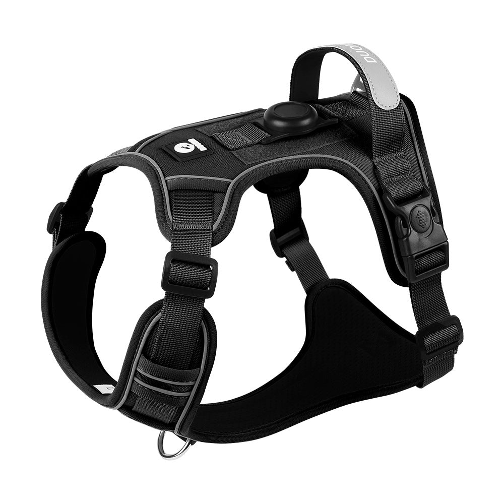 Black AirTag-compatible dog harness with a built-in AirTag holder and reflective strips for outdoor walks