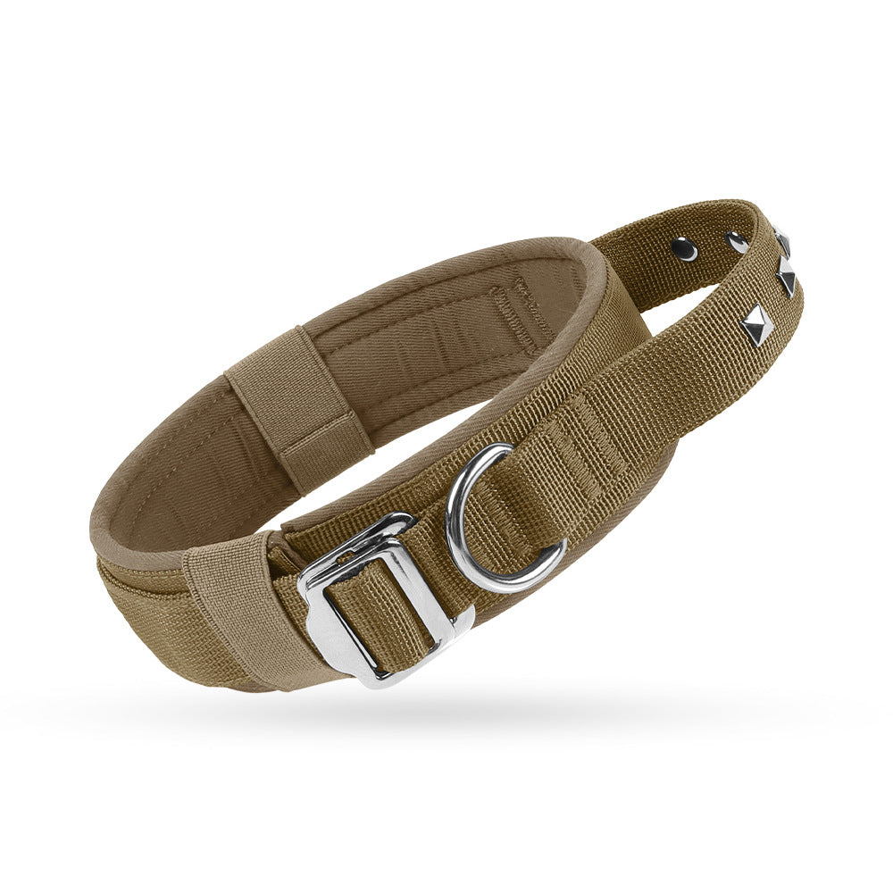 Tactical dog collar for large dogs, featuring military green  with metal studs and quick-release buckle, ideal for training and outdoor use