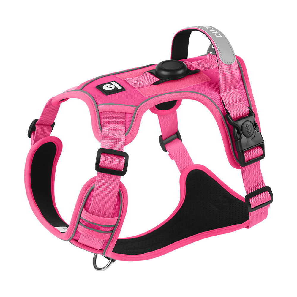 Pink AirTag-compatible dog harness with a built-in AirTag holder and reflective strips for outdoor walks