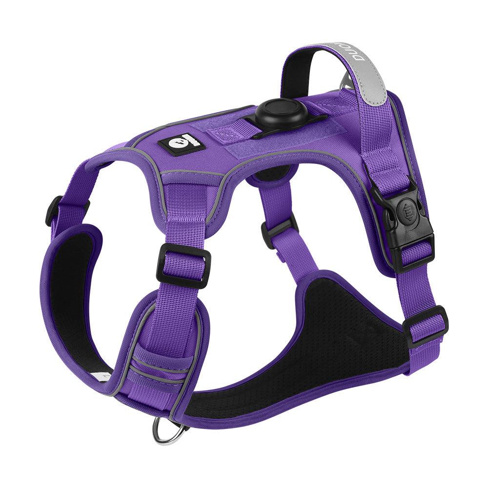 Purple AirTag-compatible dog harness with a built-in AirTag holder and reflective strips for outdoor walks