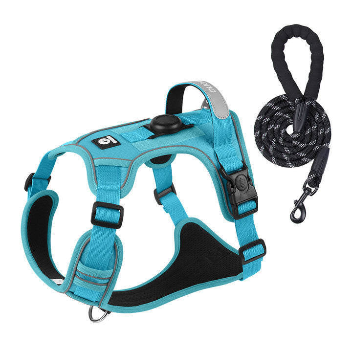 AirTag dog harness and leash combo set for large dogs, featuring escape-proof harness with built-in AirTag holder and reflective rope leash, ideal for strong dogs and AirTag tracking outdoor walks