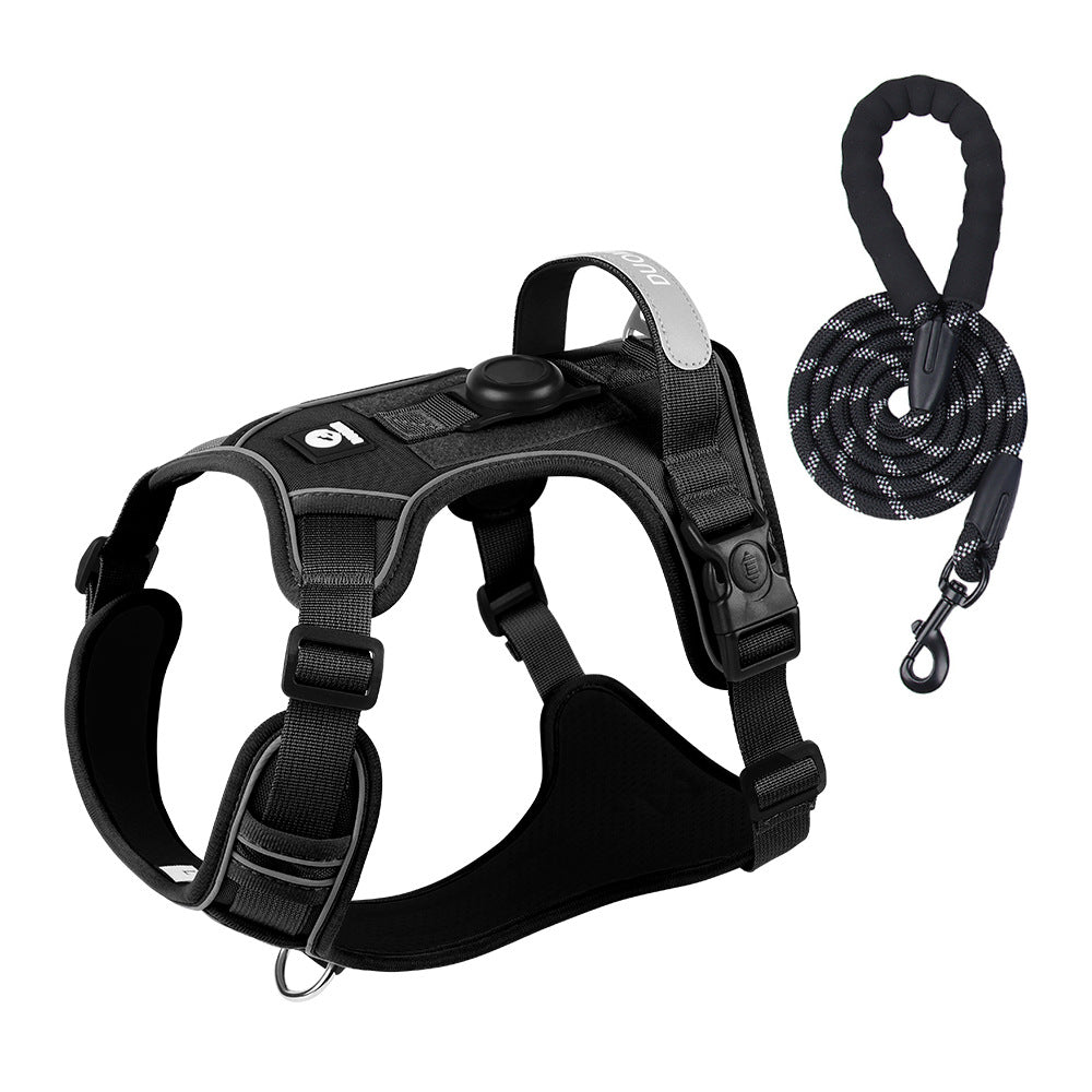 AirTag dog harness and leash combo set for large dogs, featuring escape-proof harness with built-in AirTag holder and reflective rope leash, ideal for strong dogs and outdoor walks