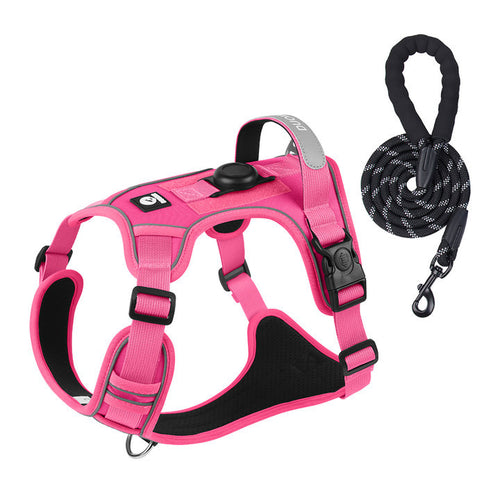 Pink adjustable dog harness with a 59-inch reflective rope leash