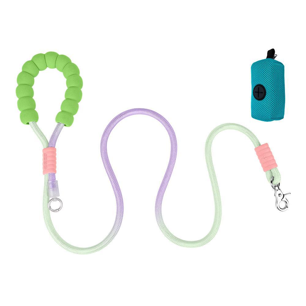 Dog leash for dogs, featuring foam handle and mint-purple gradient rope with poop bag dispenser, ideal for tangle-free outdoor walks