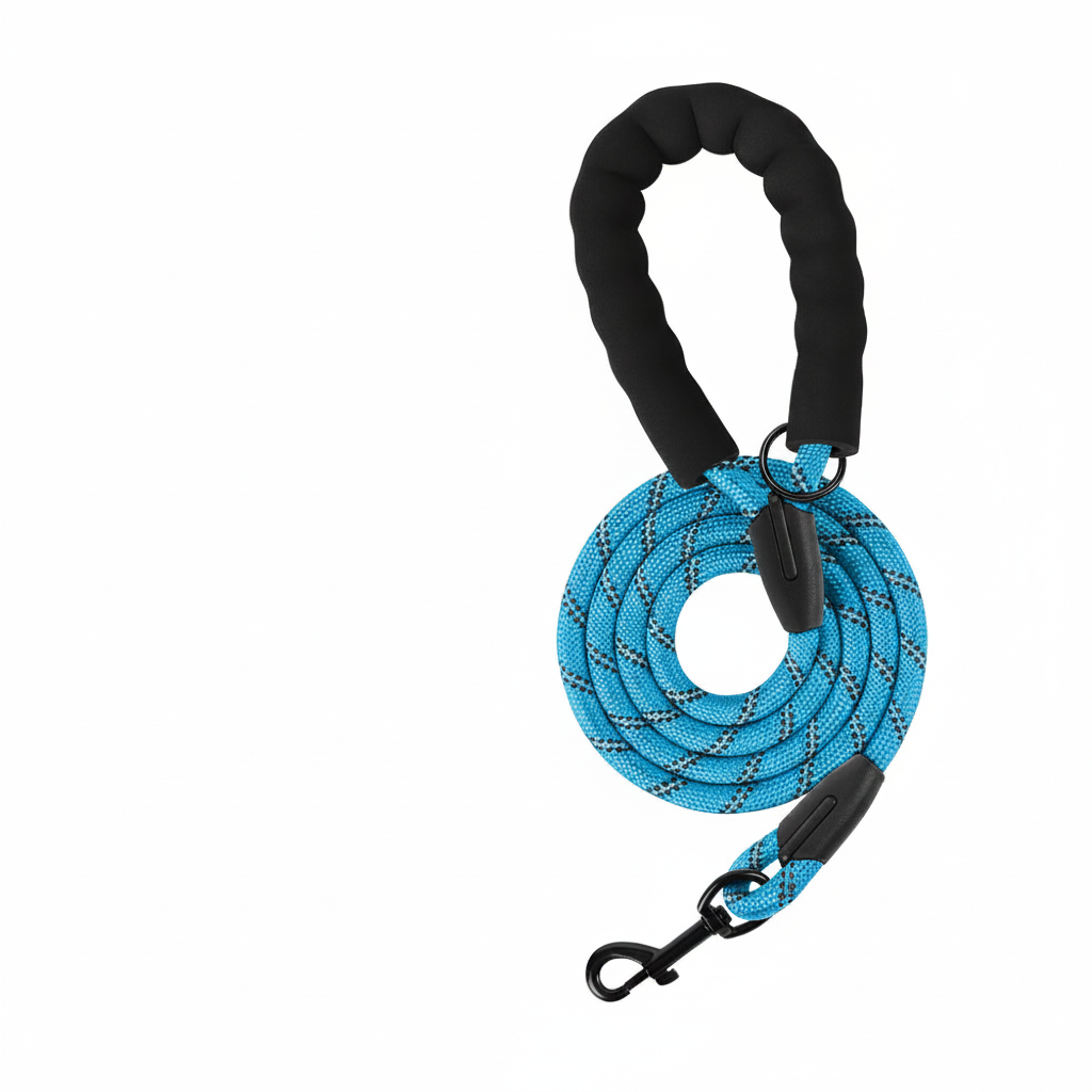 Dog leash for dogs, featuring sky blue reflective nylon rope and padded foam handle, ideal for comfortable everyday dog walking