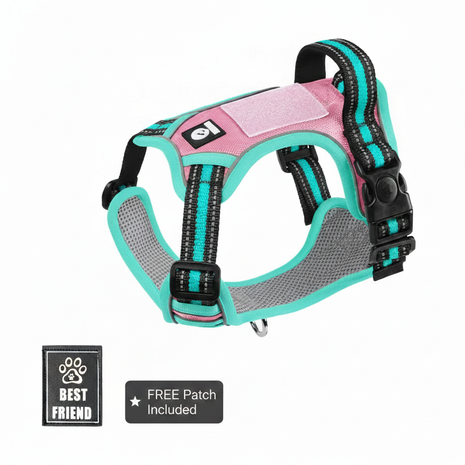 Tactical dog harness for dogs, featuring teal and pink reflective design with MOLLE patch panel and free Best Friend patch, ideal for female dogs and stylish outdoor walks